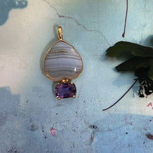 Pendentif doré Agate Blue  et améthyste harmonie douce