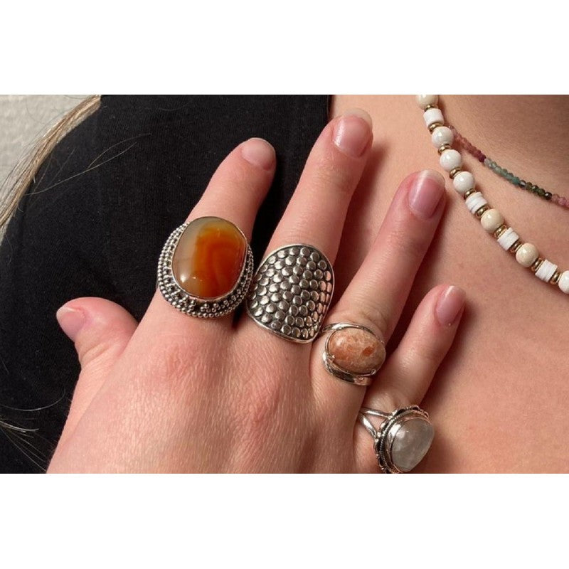 grosse bague orange: cornaline et argent